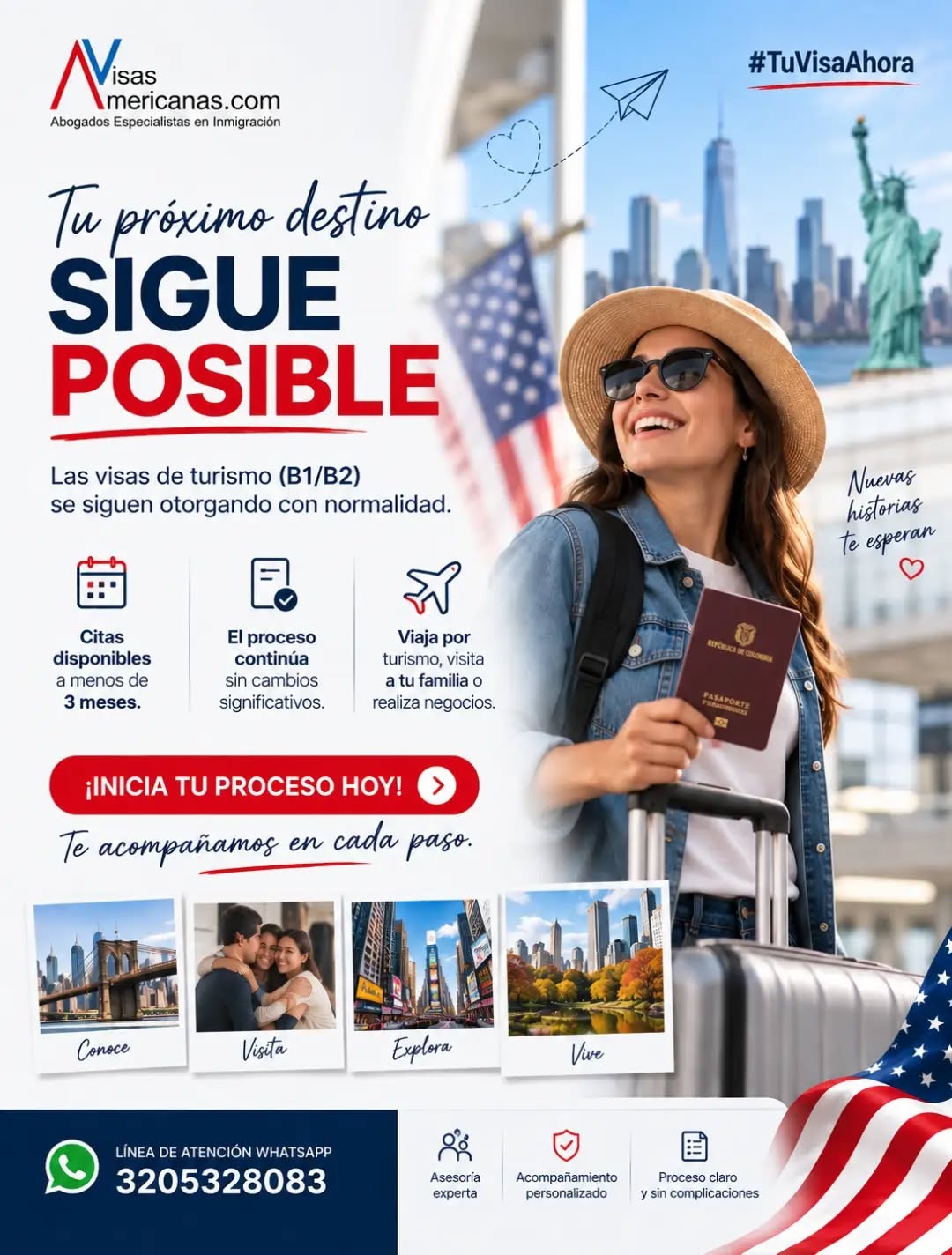 ✈️ ¡Tu próximo destino sigue siendo posible! 🇺🇸

Si estás pensando en viajar a Estados Unidos, este puede ser un buen momento para iniciar tu proceso de visa de turismo B1/B2.

Las visas de turismo continúan tramitándose y otorgándose, y actualmente existen citas disponibles en Bogotá con tiempos estimados inferiores a tres meses.

No dejes que los rumores o la desinformación frenen tus planes. Infórmate, prepárate y realiza tu proceso con acompañamiento profesional.

📲 Línea de atención WhatsApp: 320 532 8083
VisasAmericanas.com | #TuVisaAhora

#VisaAmericana #VisaDeTurismo #VisaB1B2 #VisaUSA EstadosUnidos ViajarAEstadosUnidos VisasAmericanas TuVisaAhora