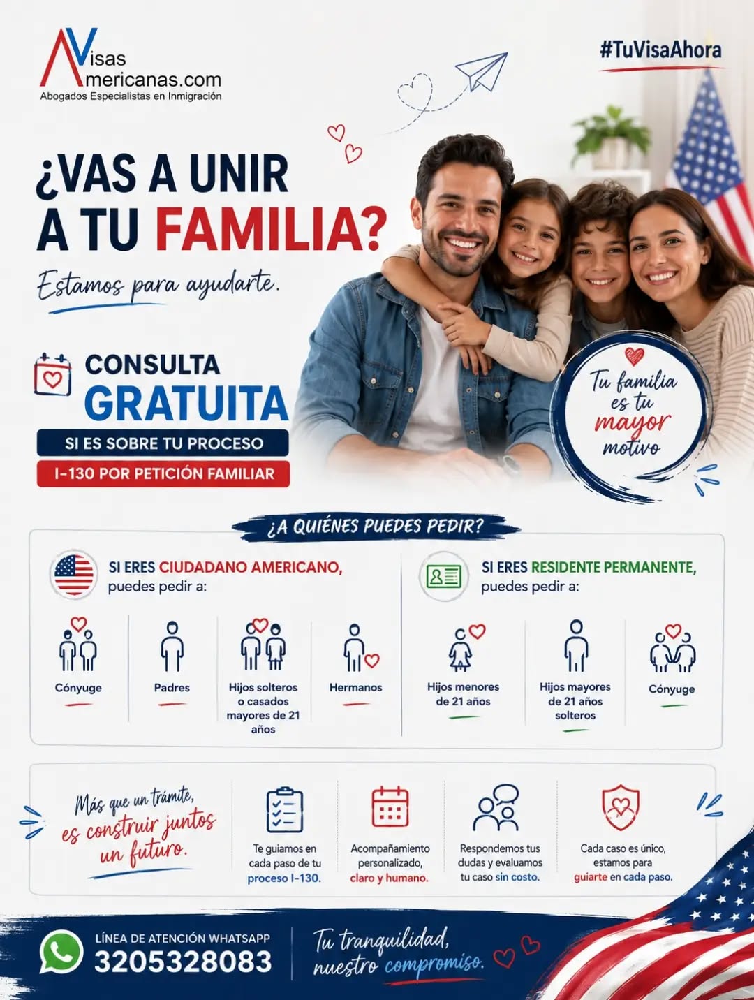 Aprovecha este mes de septiembre, nuestra consulta gratuita, e inicia con nosotros tu proceso de petición familiar. 

*Aplica únicamente para consultas relacionadas con las peticiones descritas en la imagen.

#tuvisaahora #visasamericanas
#peticionfamiliar #USA